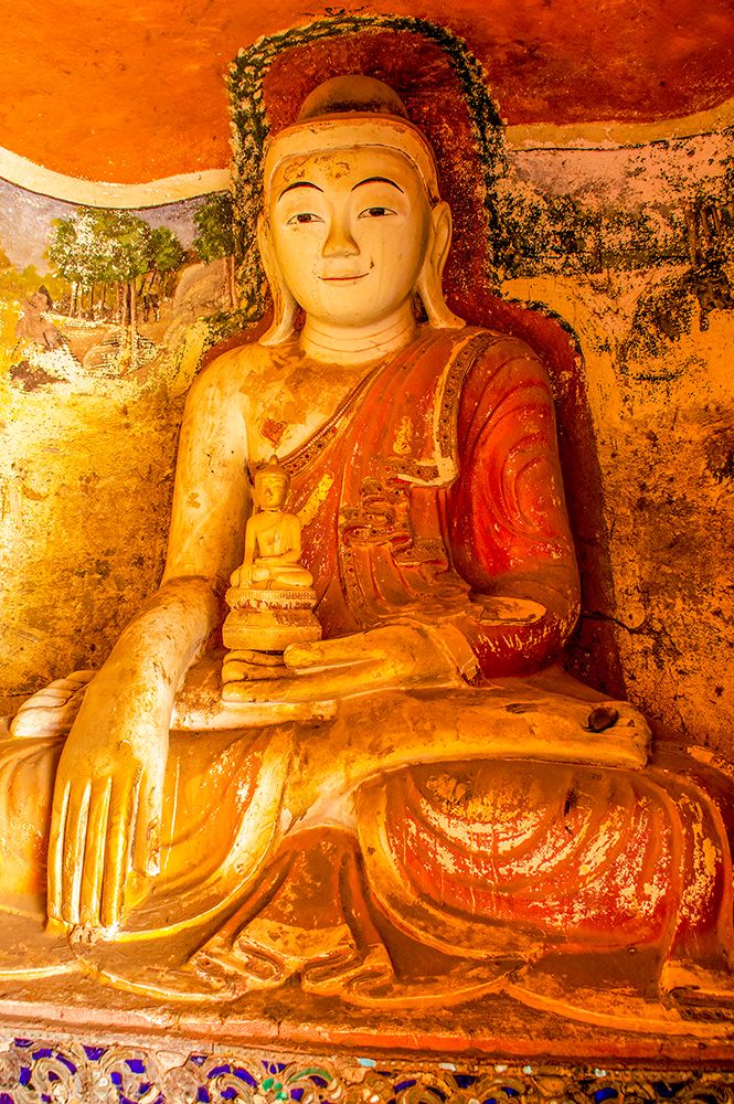Phowintaung Caves, Myanmar. One of 1000 meditation caves with statues of Buddhas and religious art.